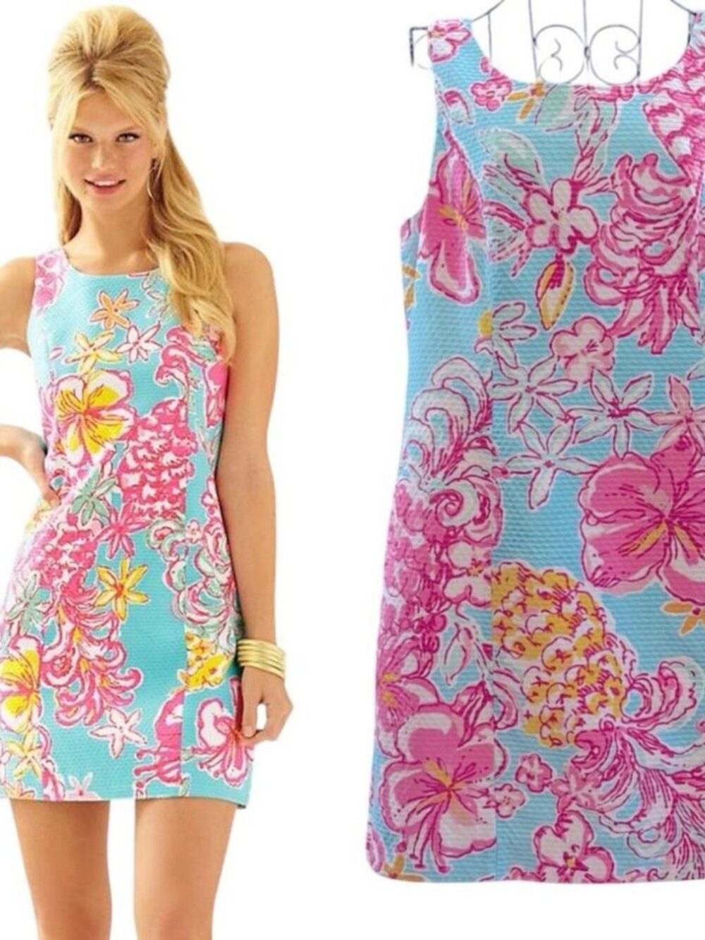 LILLY PULITZER Aqua & Pink Floral Lace-Trim Zip Back Shift Dress Size 2